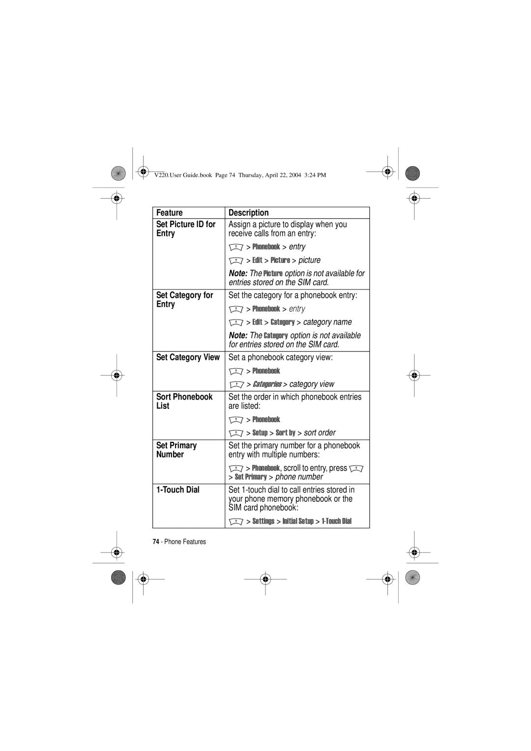 Motorola V220 manual Feature Description, Set Category for, Sort Phonebook, List, Set Primary, Number, Touch Dial 