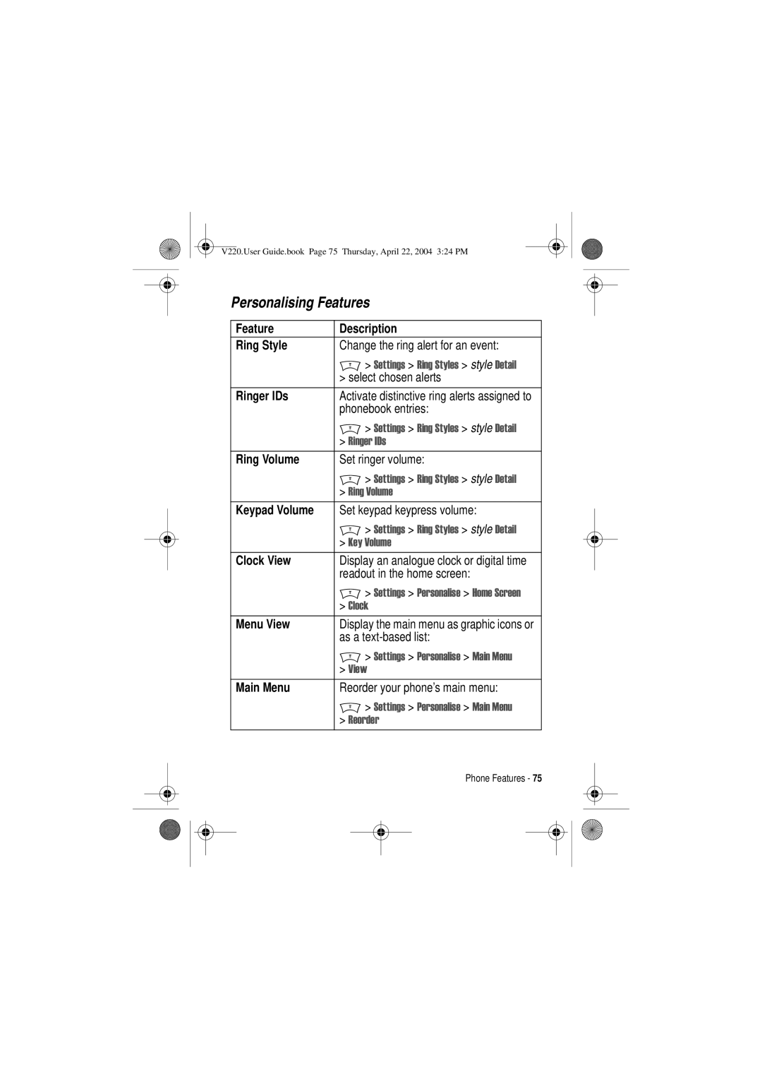 Motorola V220 manual Personalising Features 