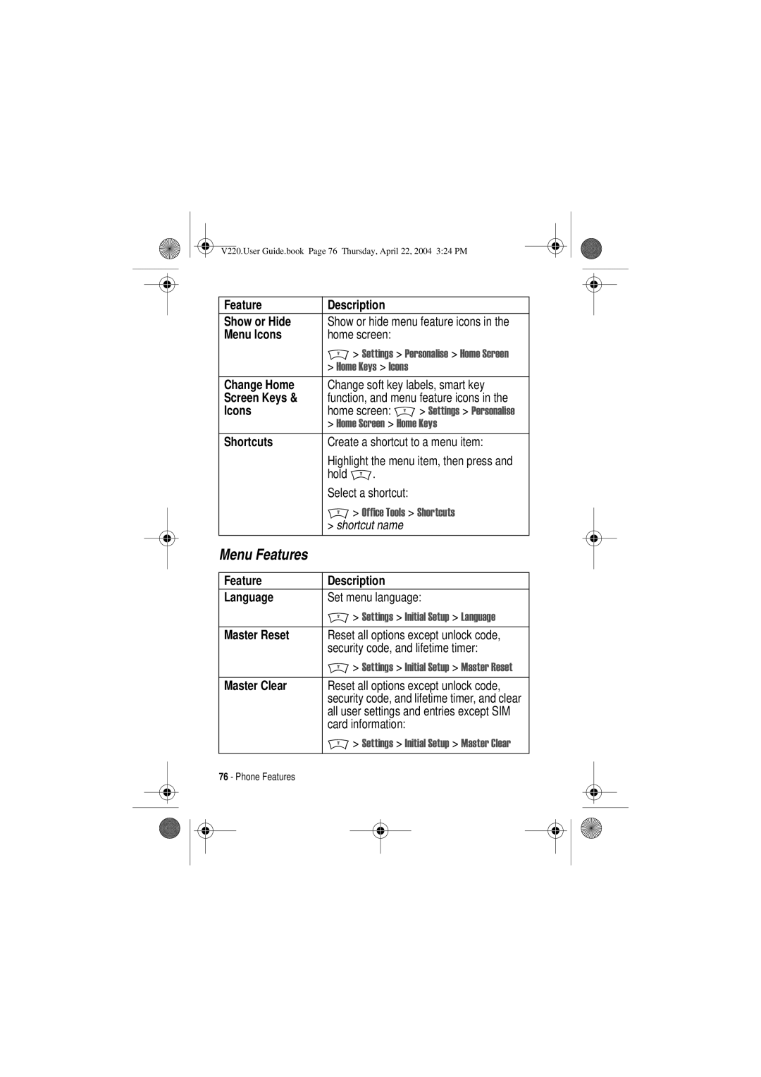 Motorola V220 manual Menu Features 