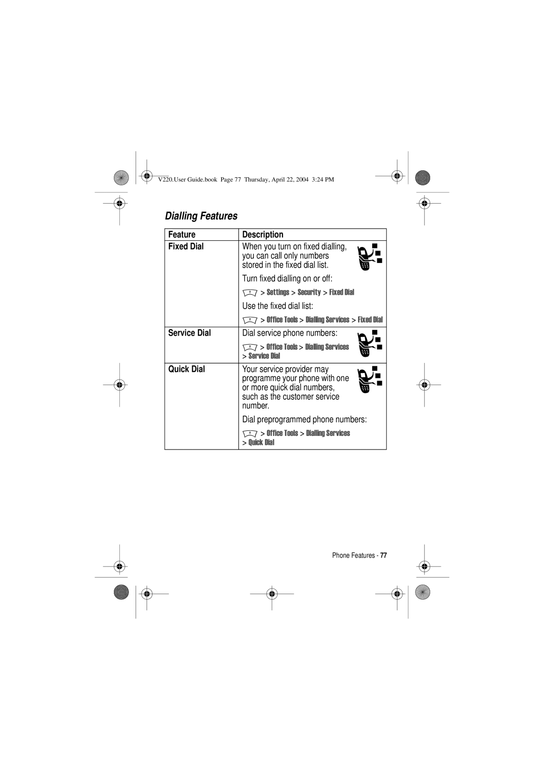 Motorola V220 manual Dialling Features, Feature Description Fixed Dial, Service Dial, Quick Dial 