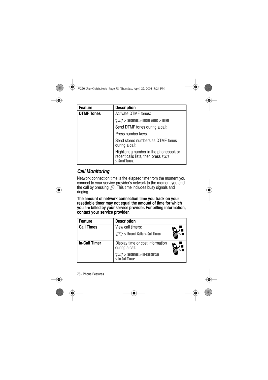 Motorola V220 manual Call Monitoring, Feature Description Dtmf Tones, Feature Description Call Times View call timers 