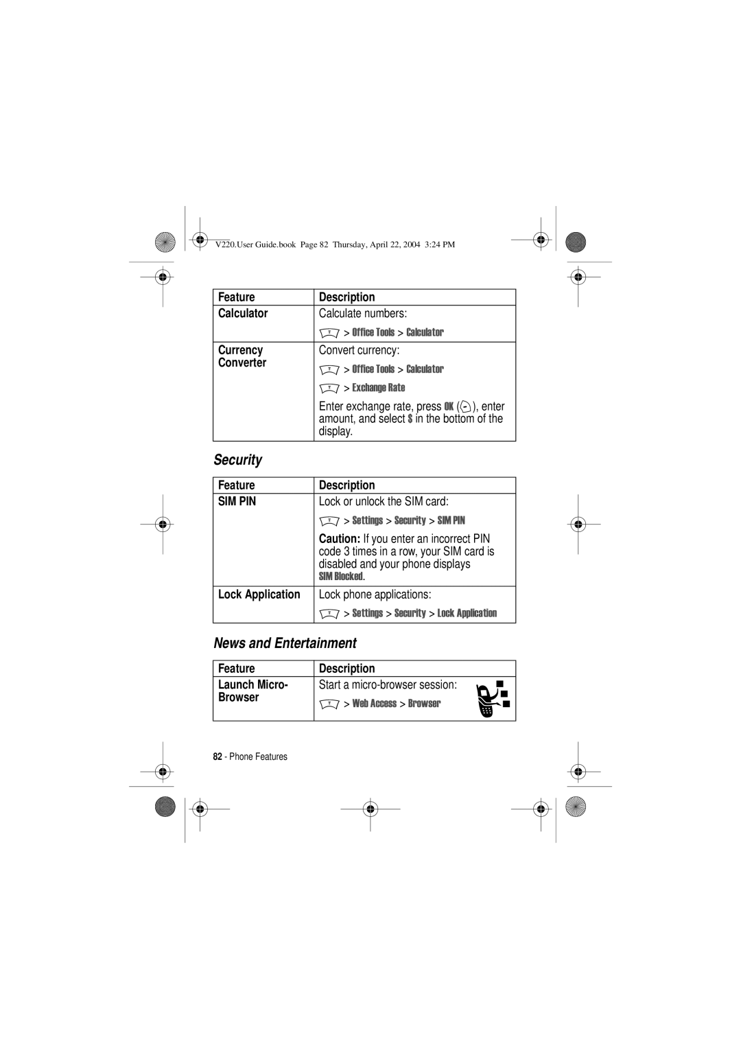 Motorola V220 manual Security, News and Entertainment 