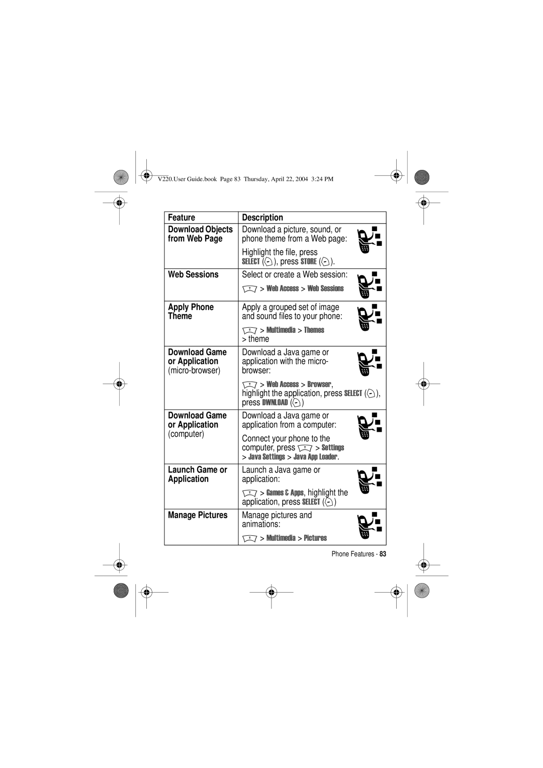 Motorola V220 manual From Web, Web Sessions, Apply Phone, Theme, Or Application 