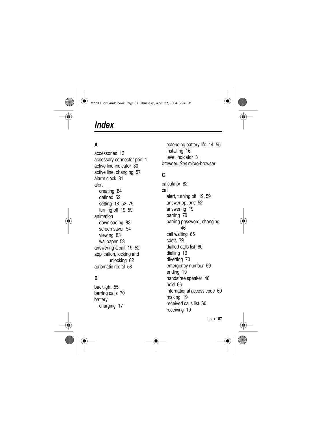 Motorola V220 manual Index, Accessories 