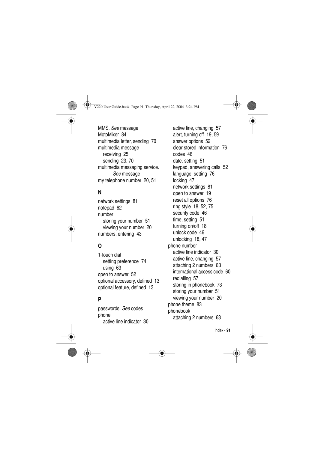 Motorola V220 manual Passwords. See codes phone Active line indicator, Phone theme 83 phonebook Attaching 2 numbers 