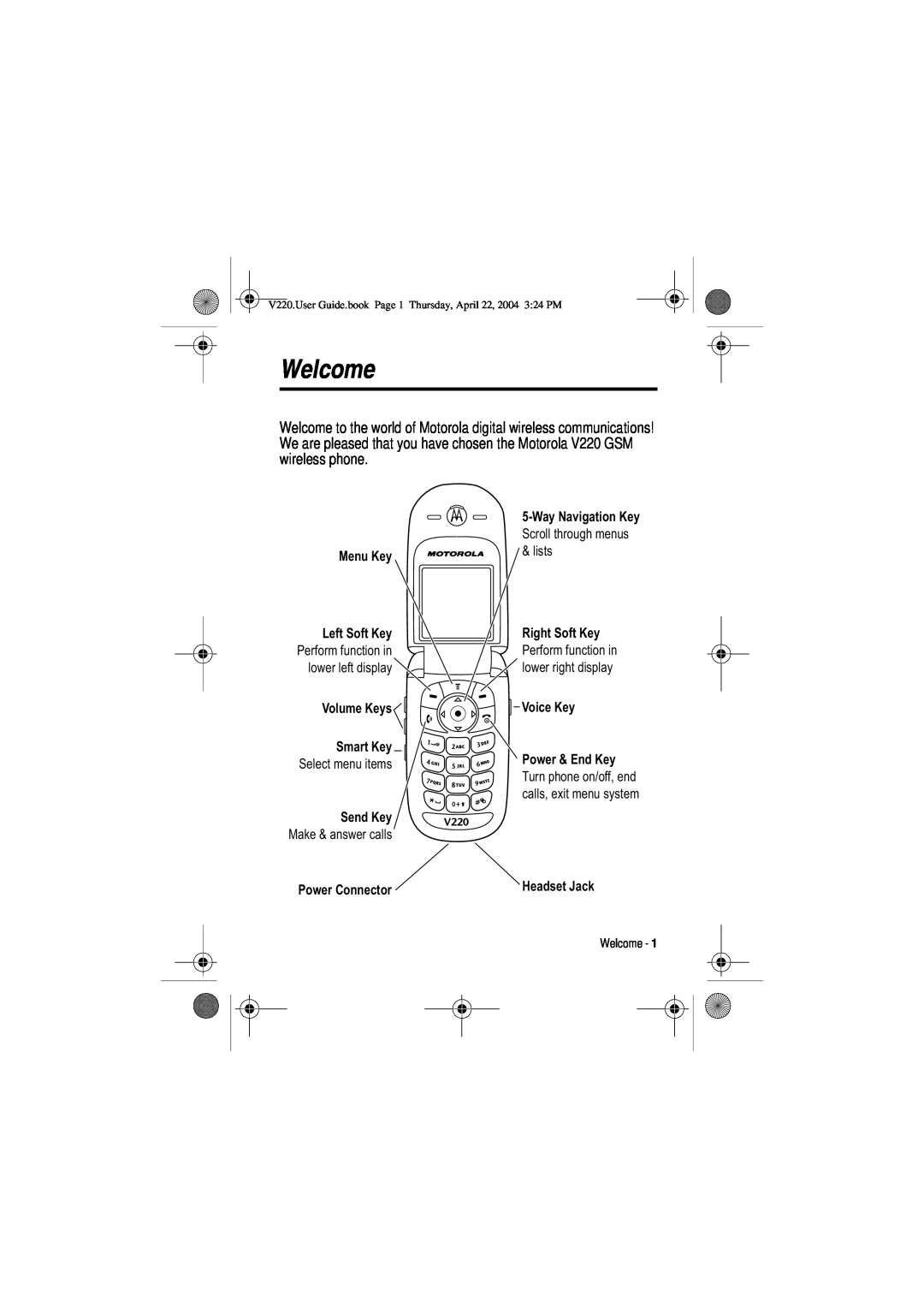 Motorola V220 manual Welcome 