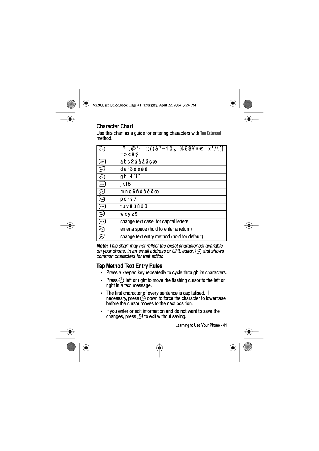 Motorola V220 manual Character Chart, Tap Method Text Entry Rules 