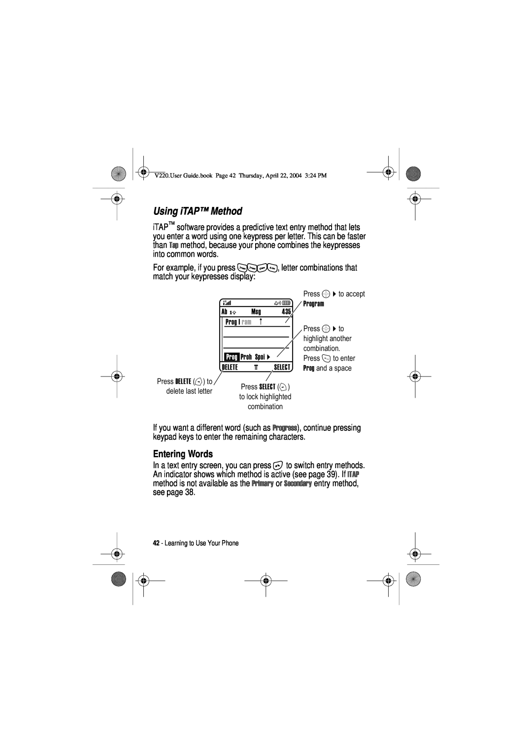 Motorola V220 manual Using iTAP Method, Entering Words 