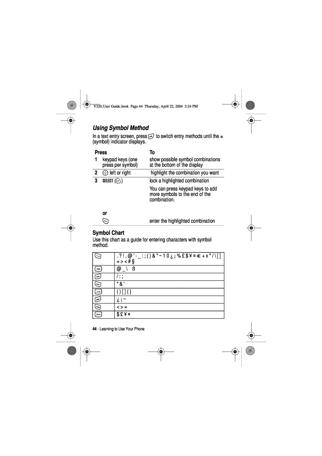 Motorola V220 manual Using Symbol Method, Symbol Chart, 6/&7 + 