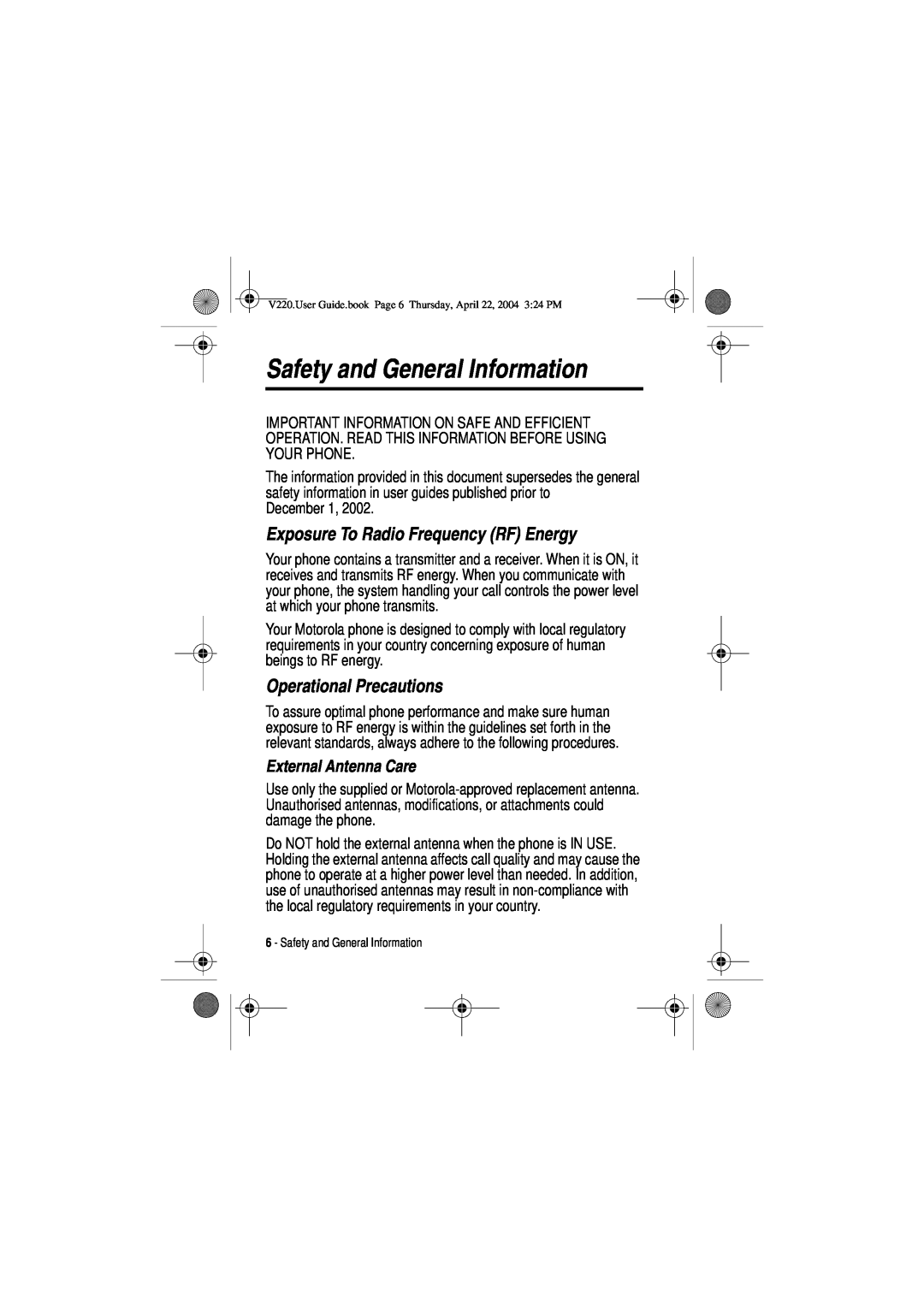 Motorola V220 manual Safety and General Information, Exposure To Radio Frequency RF Energy, Operational Precautions 