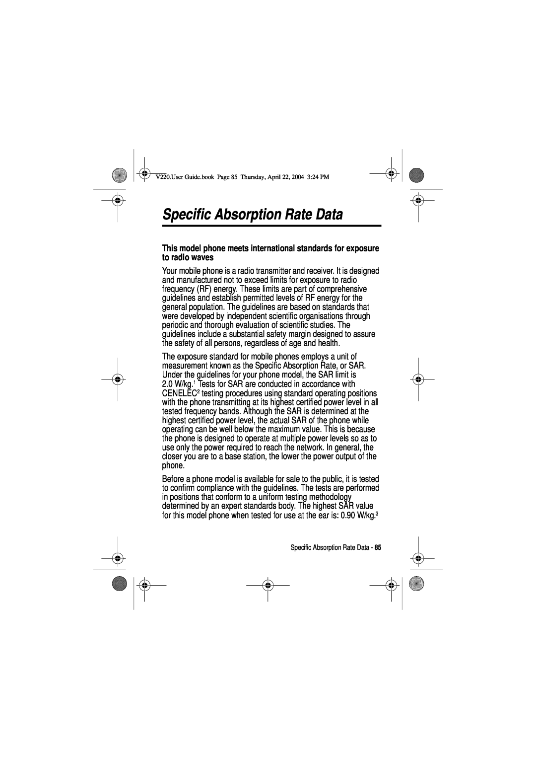 Motorola V220 manual Specific Absorption Rate Data 