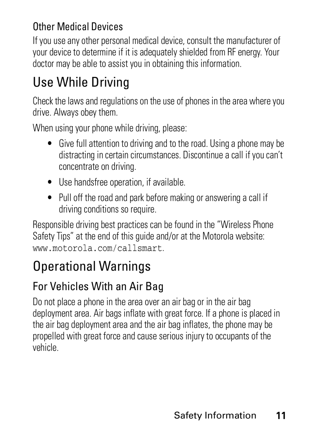 Motorola V235 GSM Series manual Use While Driving, Operational Warnings 