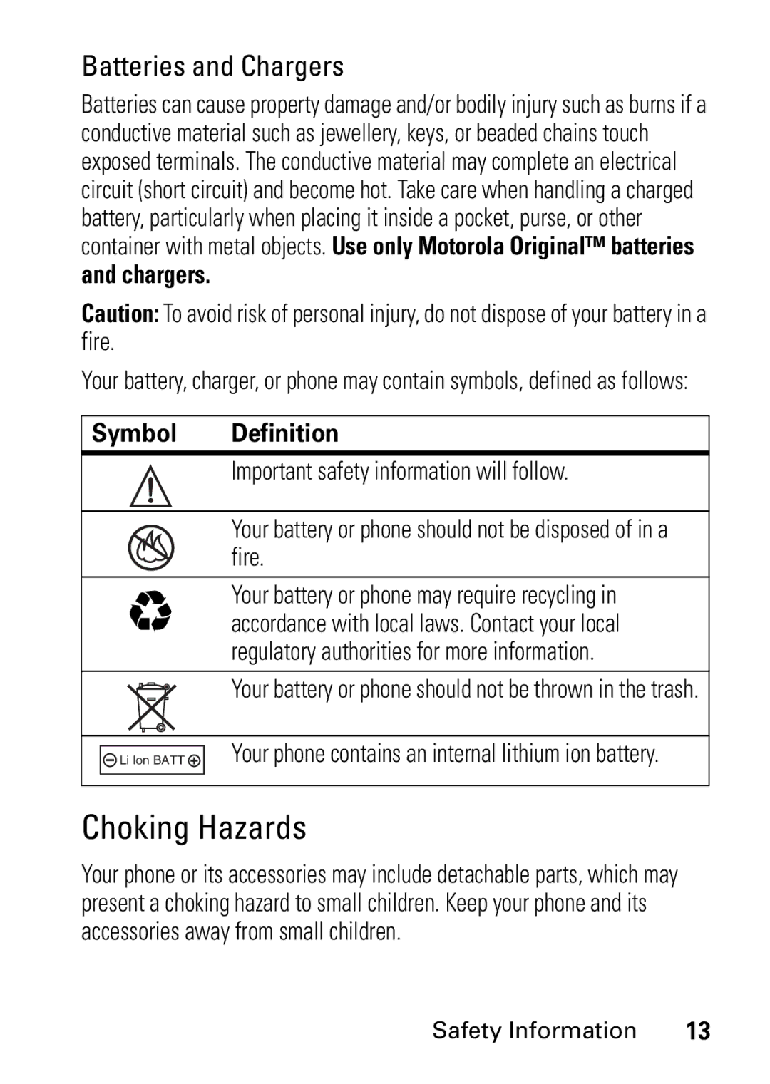 Motorola V235 GSM Series Choking Hazards, Symbol Definition, Your battery or phone should not be disposed of in a fire 