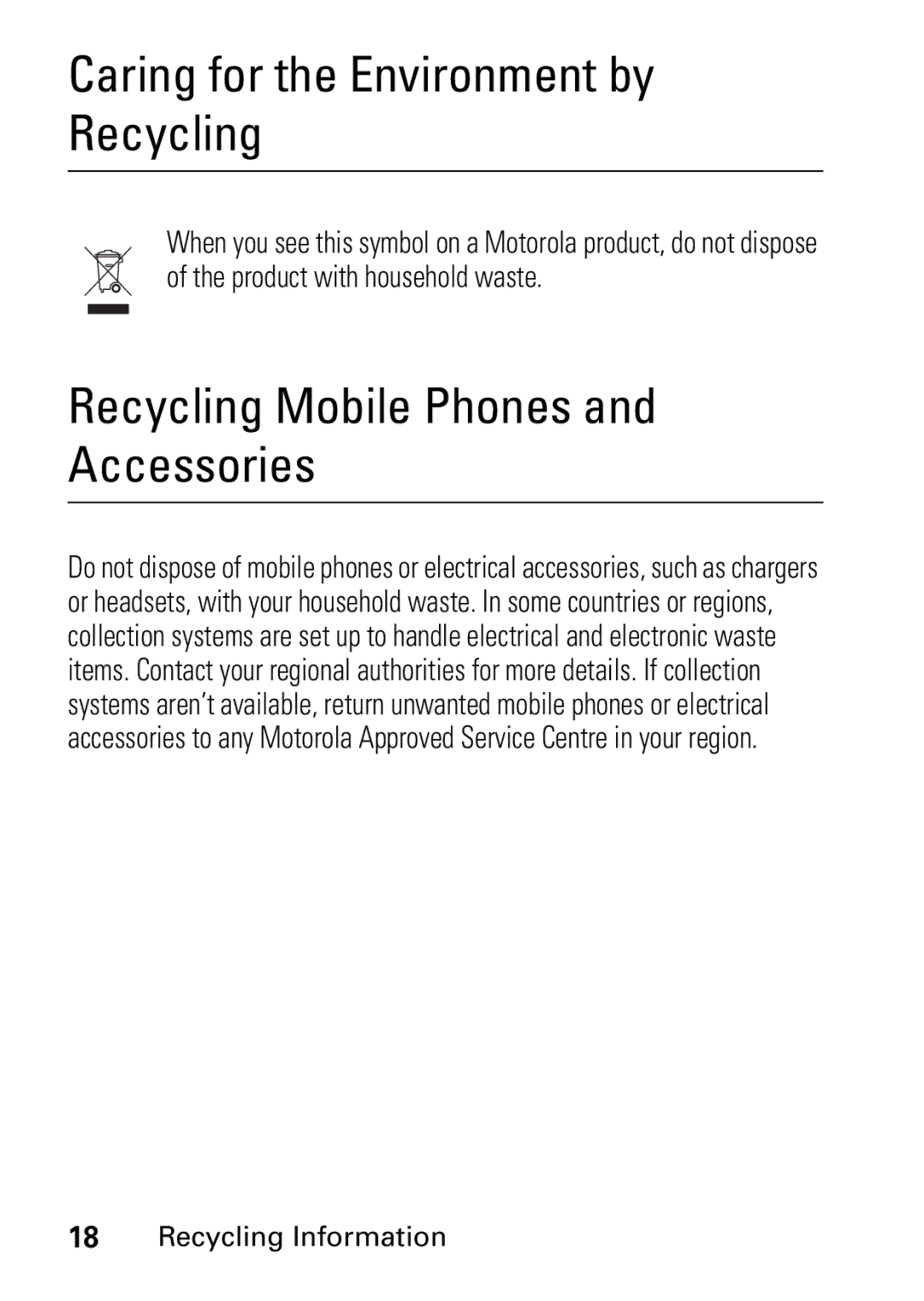 Motorola V235 GSM Series manual Caring for the Environment by Recycling 