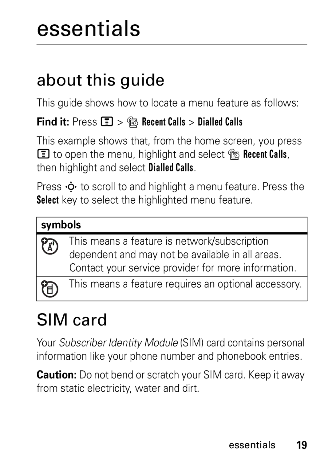 Motorola V235 GSM Series Essentials, About this guide, SIM card, Find it Press M s Recent Calls Dialled Calls, Symbols 