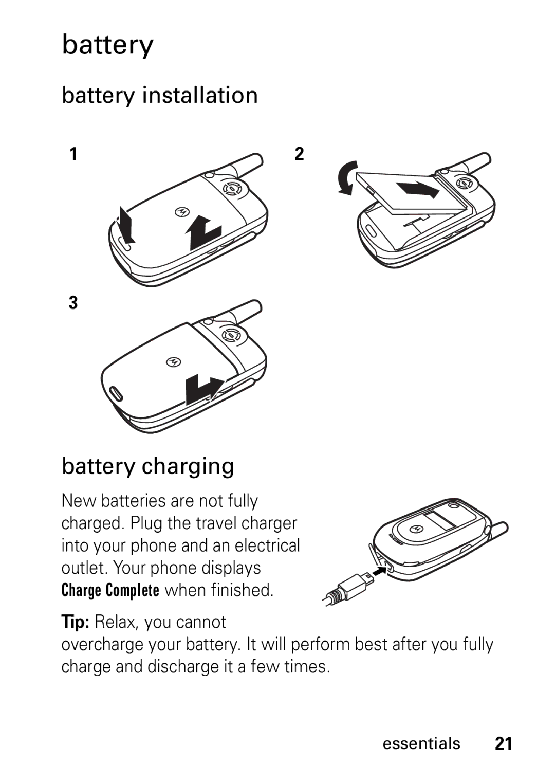 Motorola V235 GSM Series manual Battery installation Battery charging 