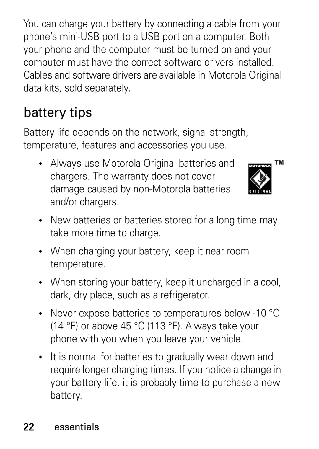 Motorola V235 GSM Series manual Battery tips 