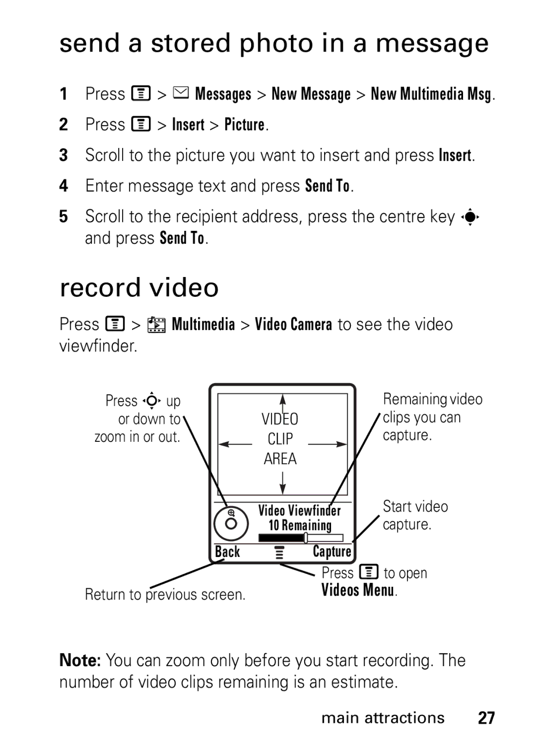 Motorola V235 GSM Series manual Send a stored photo in a message, Record video, Press M Insert Picture 