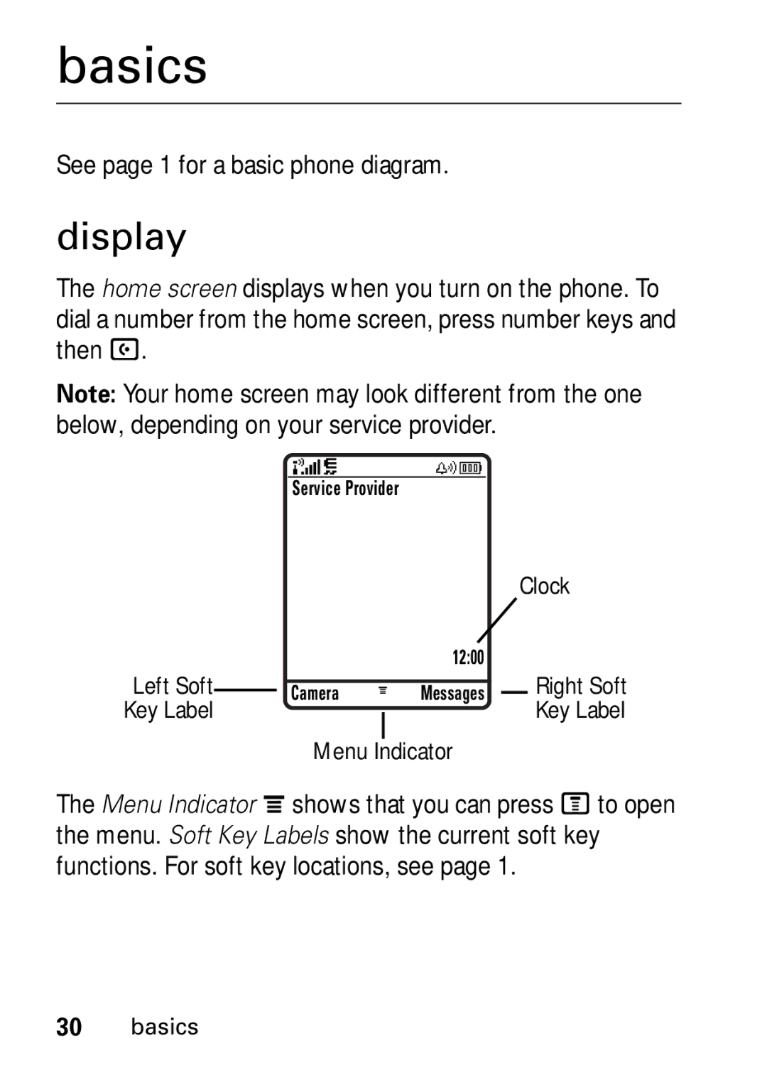 Motorola V235 GSM Series manual Basics, Display, See page 1 for a basic phone diagram 