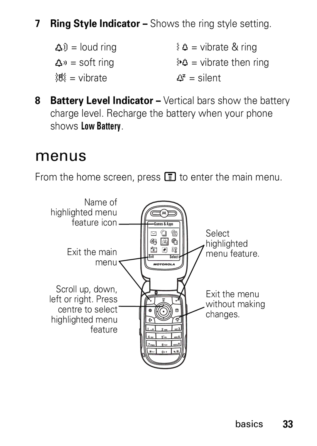 Motorola V235 GSM Series manual Menus, From the home screen, press M to enter the main menu 