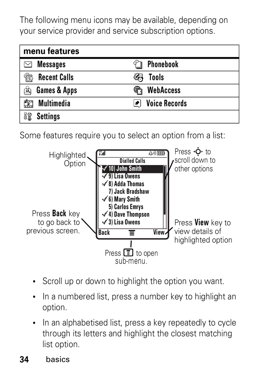 Motorola V235 GSM Series manual Some features require you to select an option from a list, Highlighted Option 