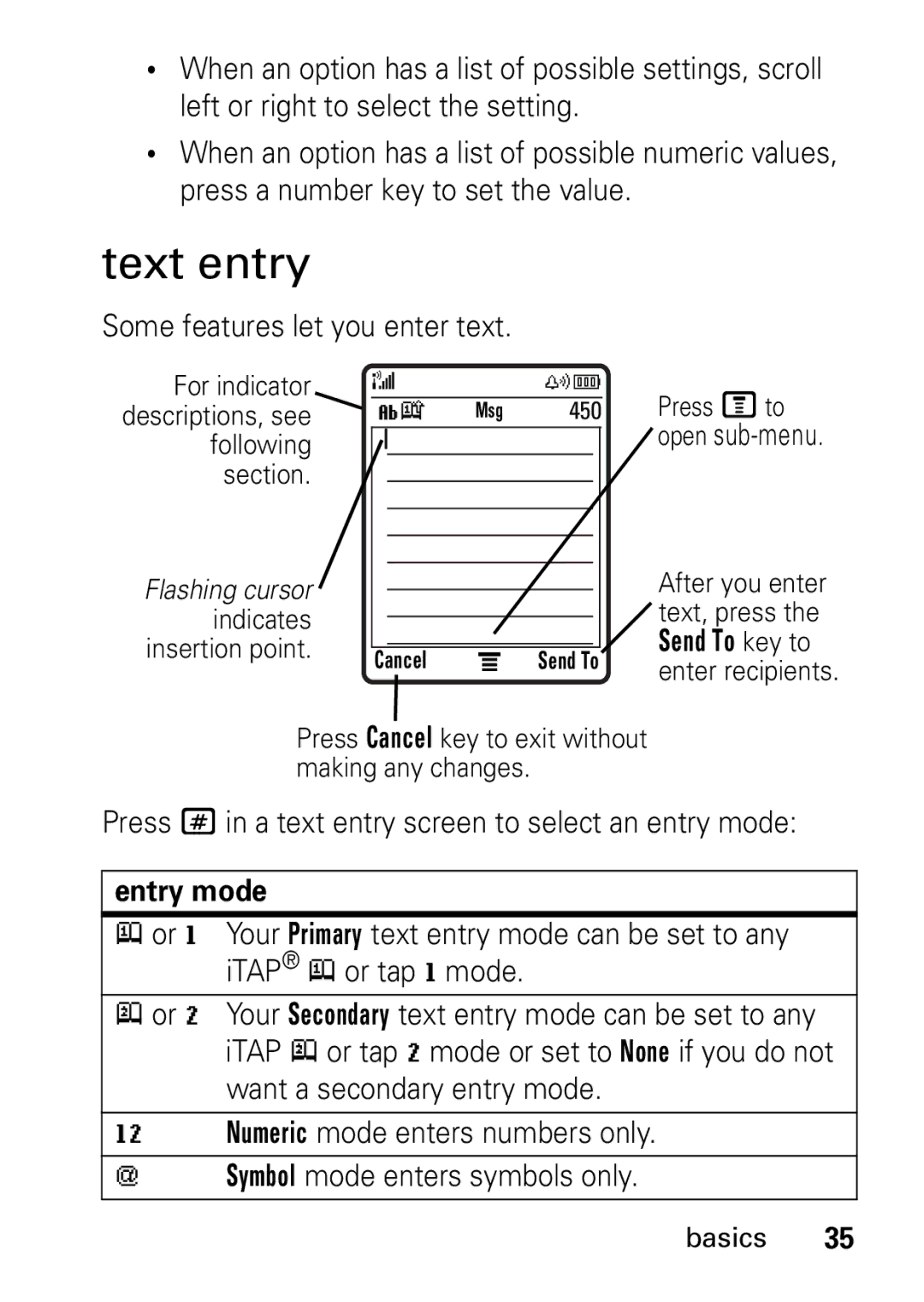 Motorola V235 GSM Series manual Text entry, Some features let you enter text, Entry mode 