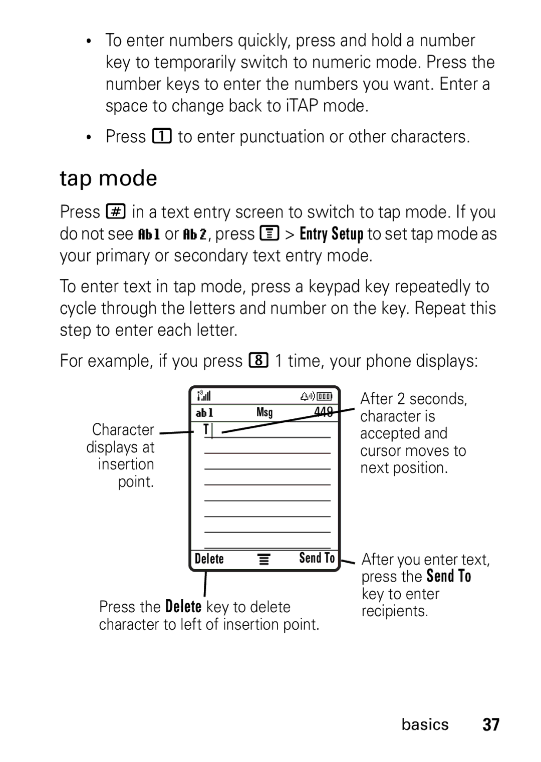 Motorola V235 GSM Series manual Tap mode, Press 1 to enter punctuation or other characters 