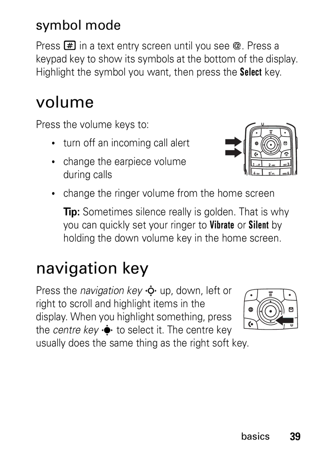 Motorola V235 GSM Series manual Volume, Navigation key, Symbol mode 