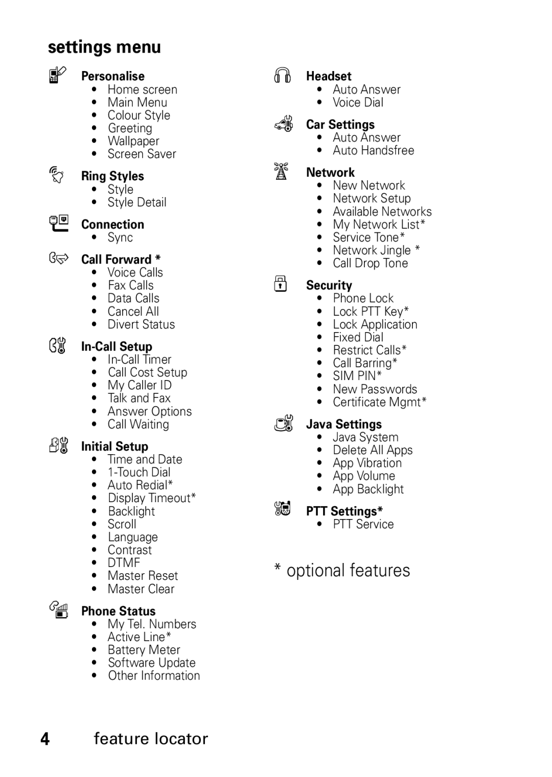 Motorola V235 GSM Series manual Settings menu, Initial Setup 