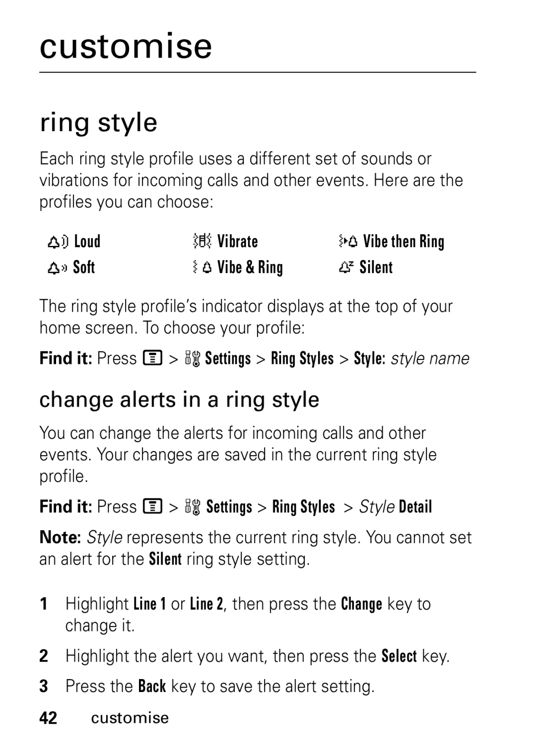 Motorola V235 GSM Series manual Customise, Ring style, Change alerts in a ring style 