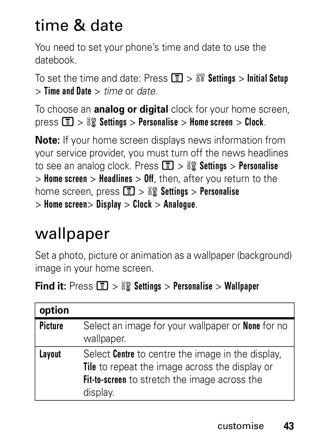 Motorola V235 GSM Series manual Time & date, Wallpaper, Time and Date time or date, Home screen Display Clock Analogue 