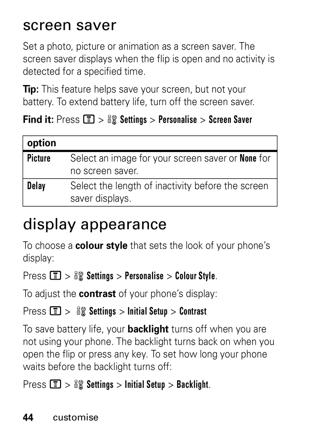 Motorola V235 GSM Series manual Screen saver, Display appearance 