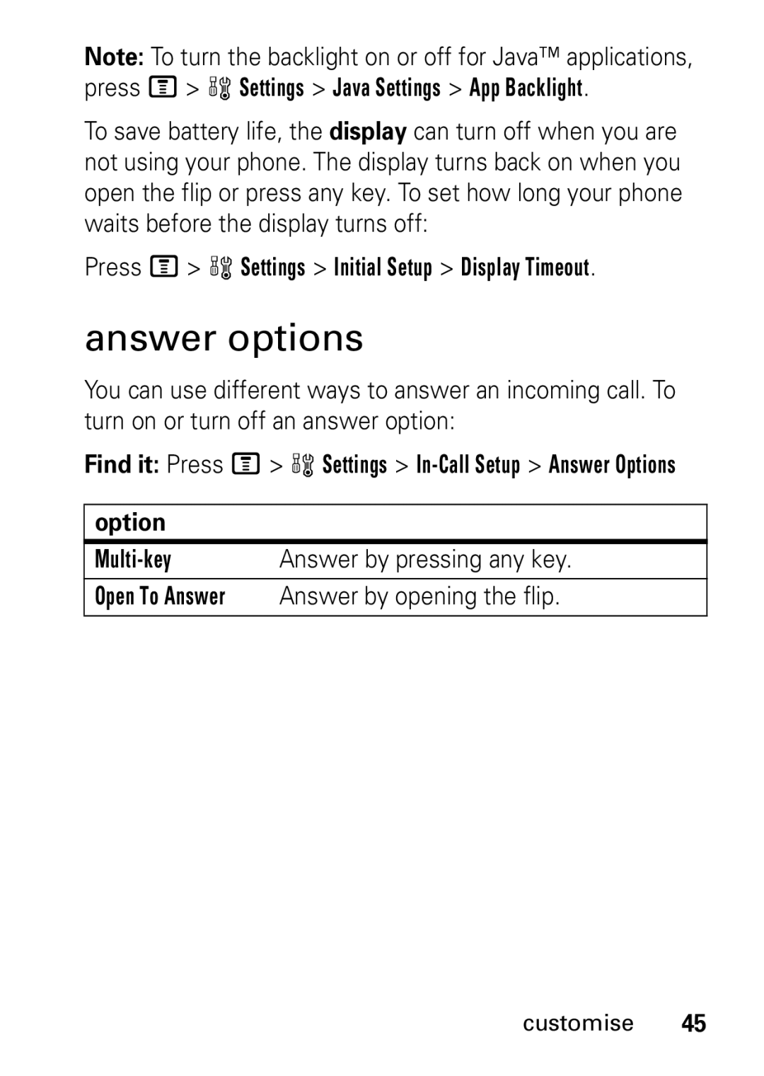 Motorola V235 GSM Series manual Answer options, Press M w Settings Initial Setup Display Timeout 