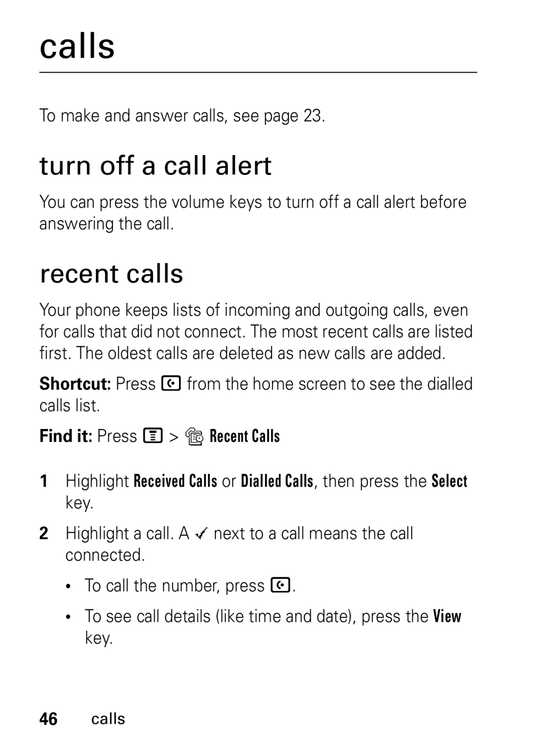 Motorola V235 GSM Series manual Calls, Turn off a call alert, Recent calls, To make and answer calls, see 