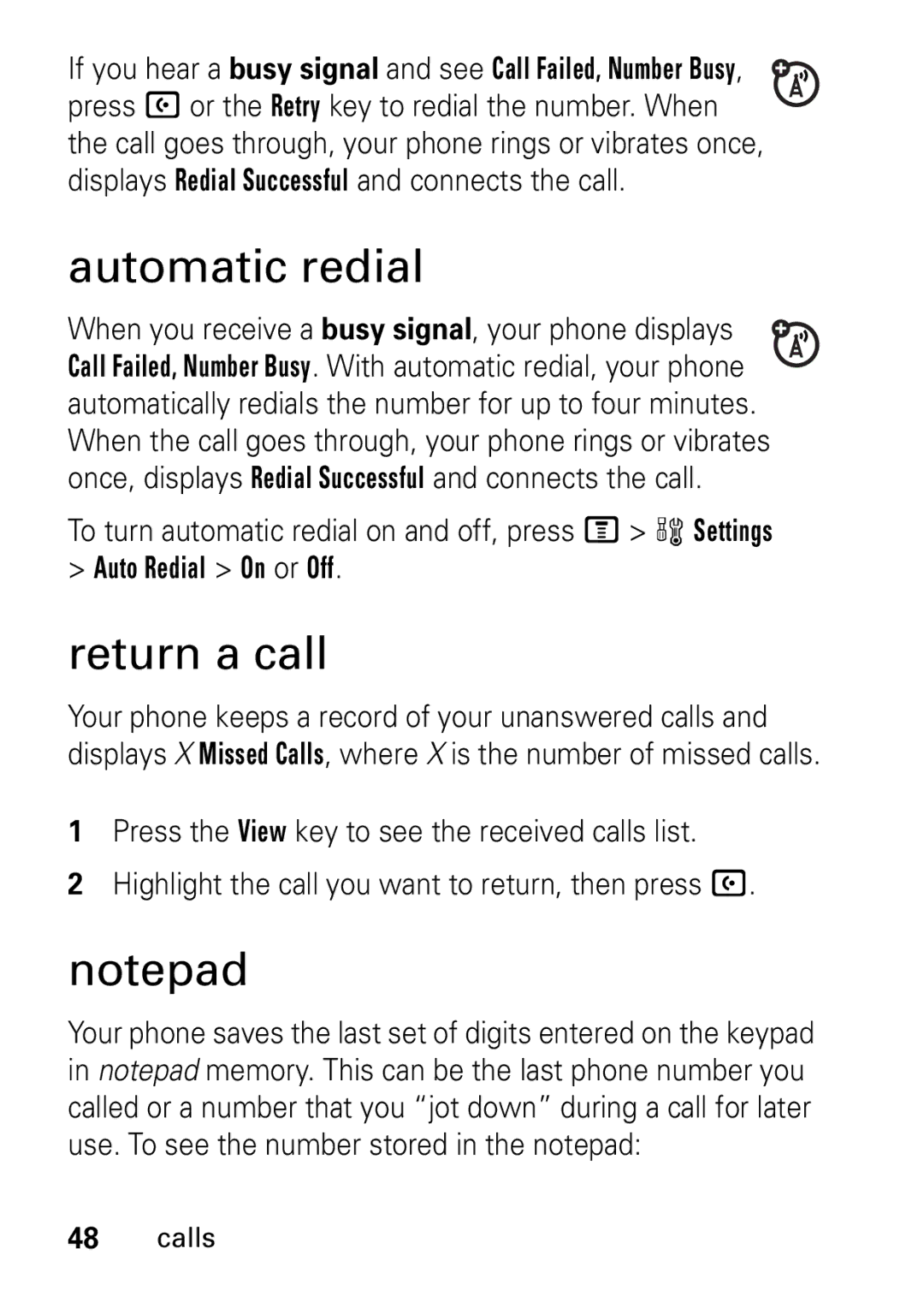 Motorola V235 GSM Series manual Automatic redial, Return a call, To turn automatic redial on and off, press M w Settings 