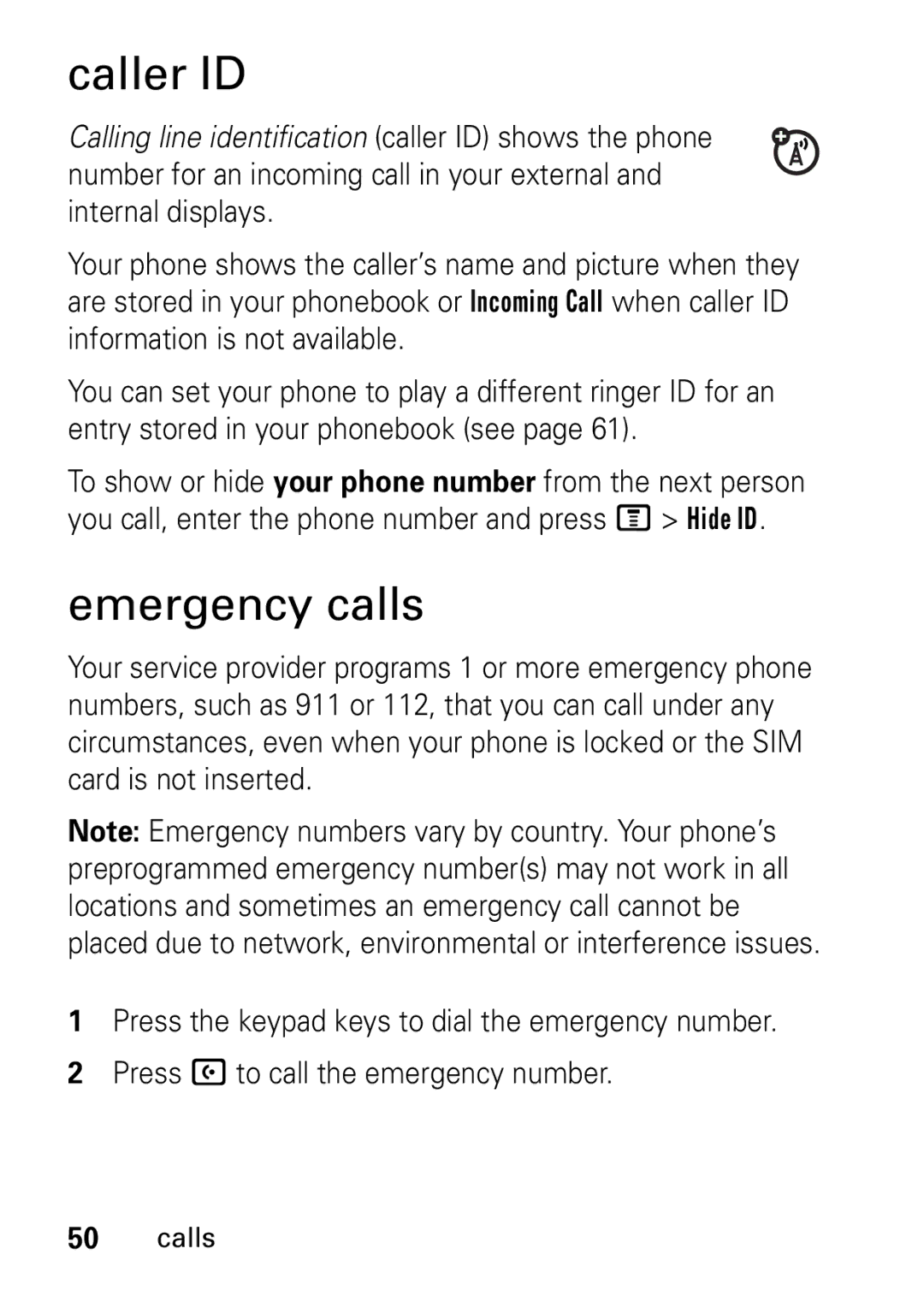 Motorola V235 GSM Series manual Caller ID, Emergency calls 