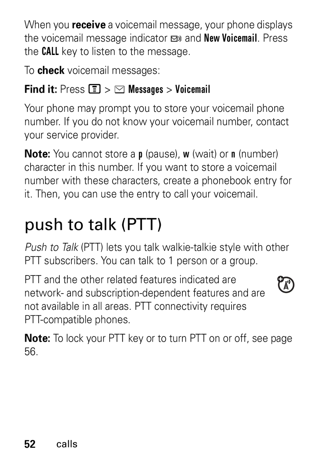 Motorola V235 GSM Series manual Push to talk PTT, To check voicemail messages, Find it Press M e Messages Voicemail 