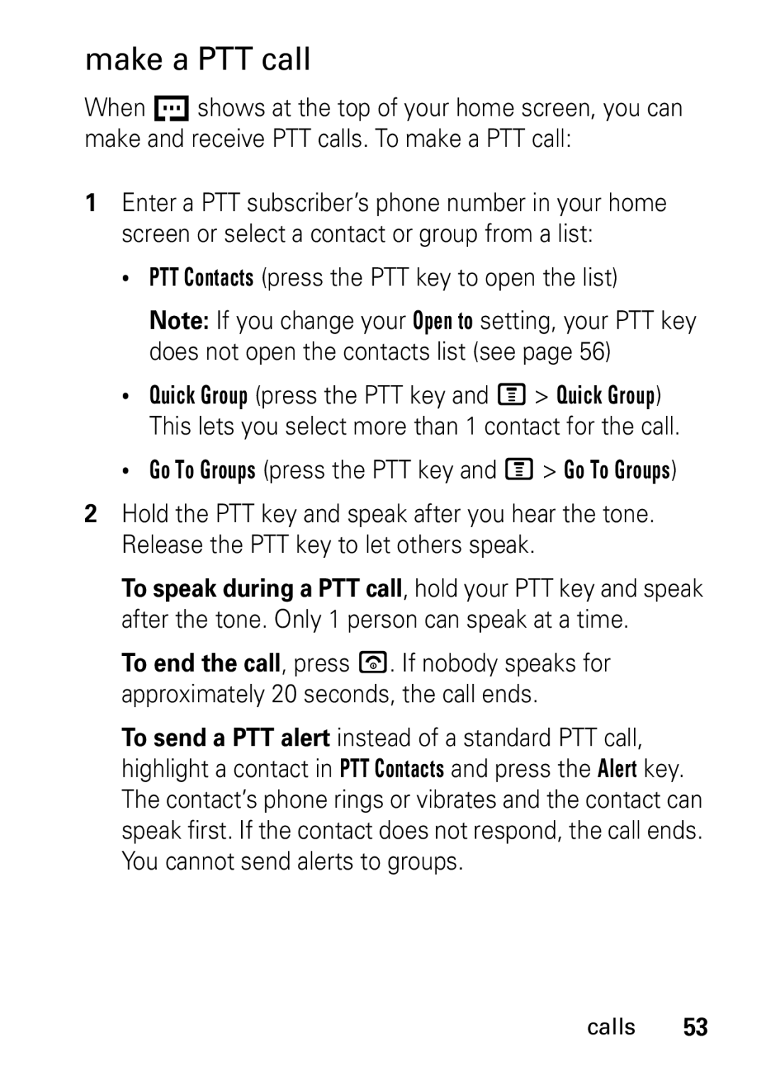 Motorola V235 GSM Series manual Make a PTT call, PTT Contacts press the PTT key to open the list 