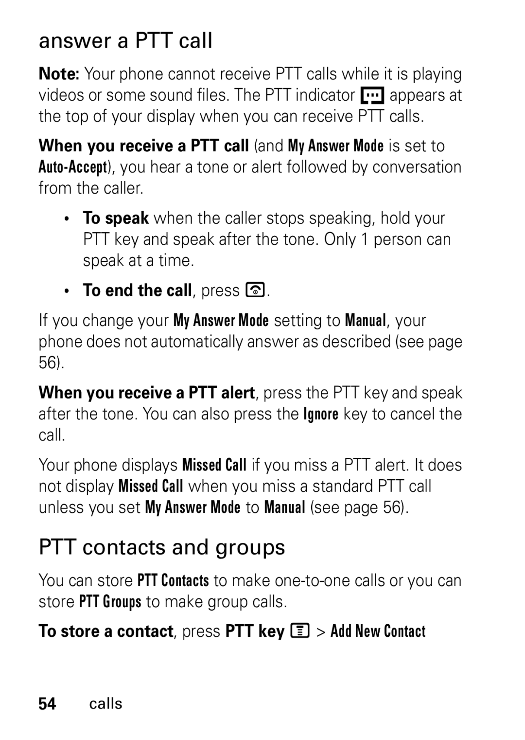 Motorola V235 GSM Series manual Answer a PTT call, PTT contacts and groups, To end the call, press u 