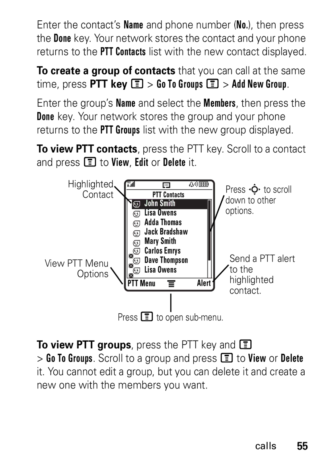 Motorola V235 GSM Series manual To view PTT groups, press the PTT key and M, Highlighted Contact 