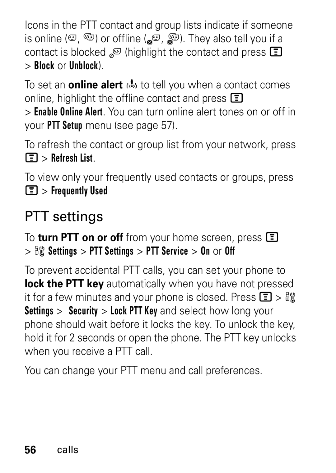 Motorola V235 GSM Series manual PTT settings, Block or Unblock, Refresh List, Frequently Used 