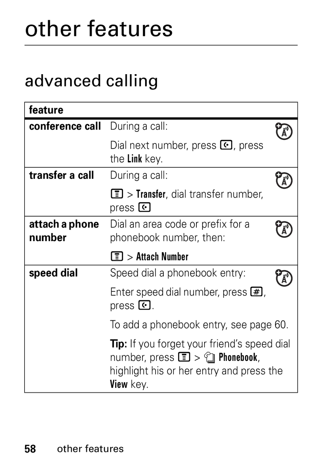 Motorola V235 GSM Series manual Other features, Advanced calling 