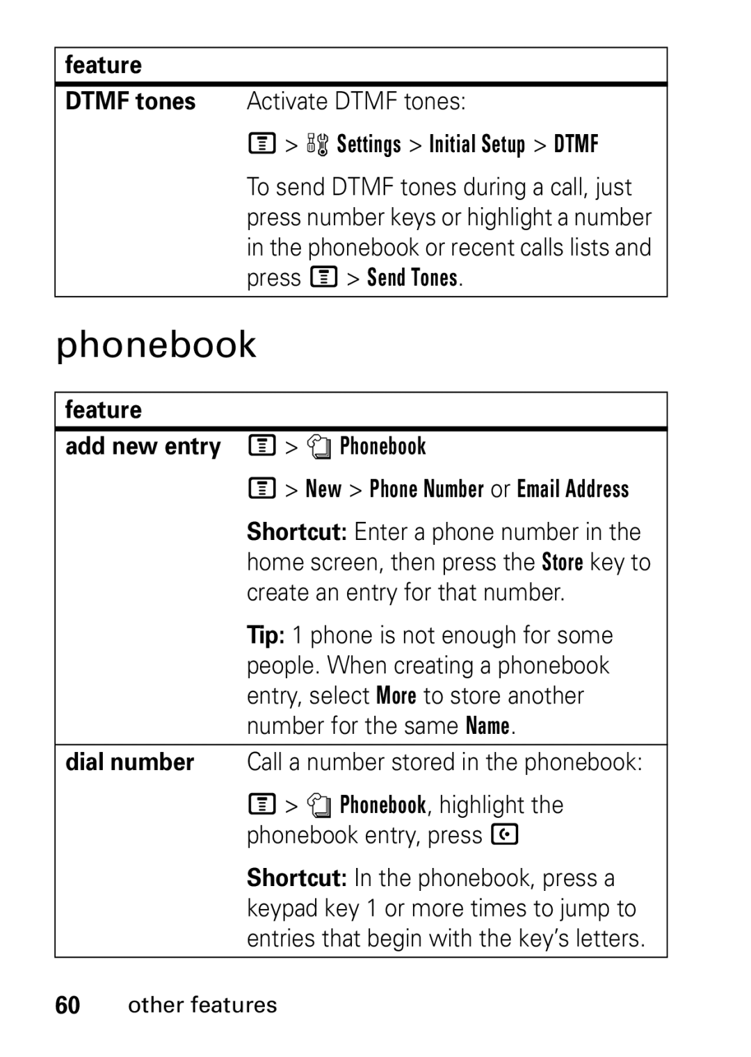 Motorola V235 GSM Series manual Phonebook, Dtmf tones Activate Dtmf tones, Settings Initial Setup Dtmf 