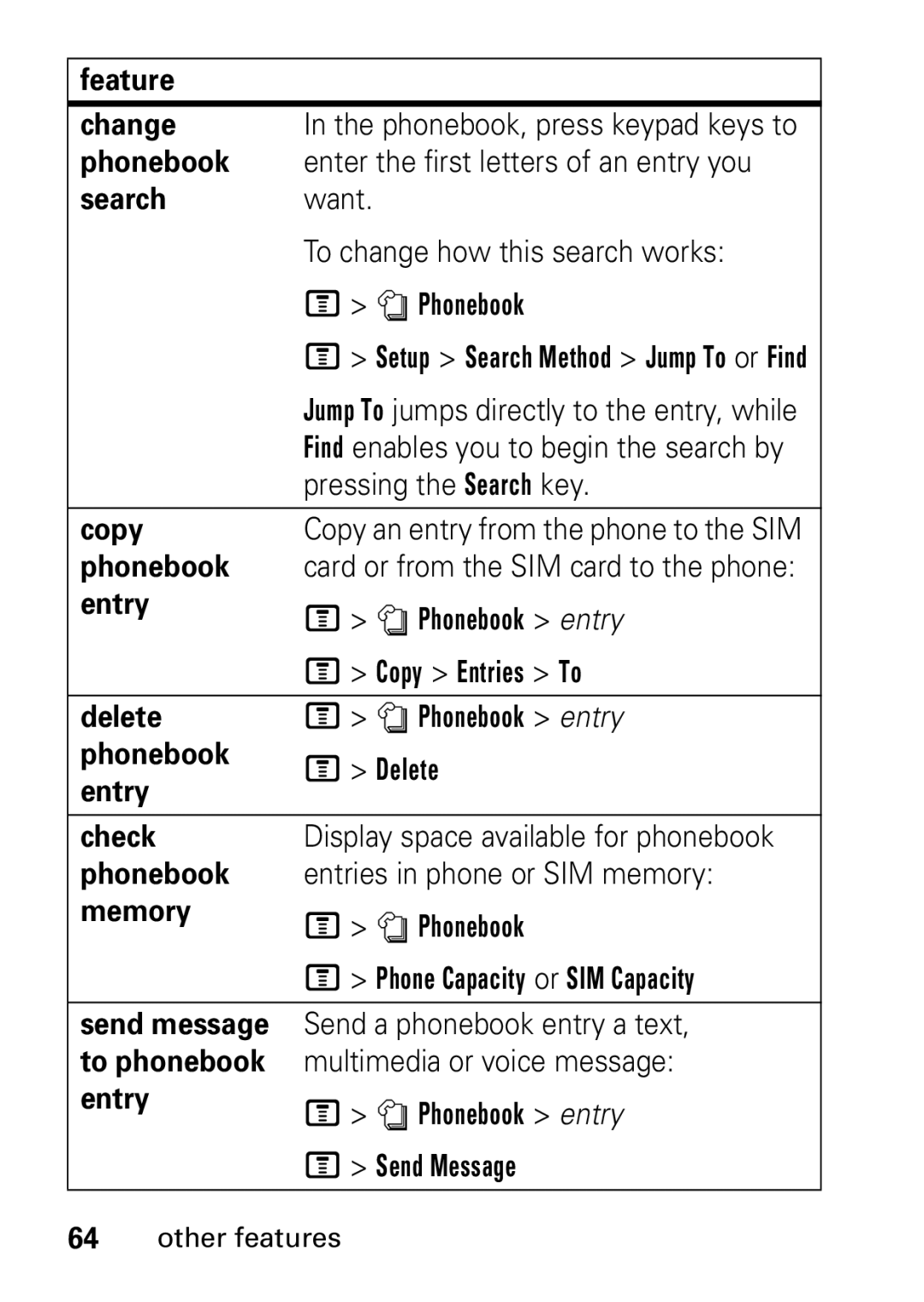 Motorola V235 GSM Series manual Feature Change, Pressing the Search key, Copy 