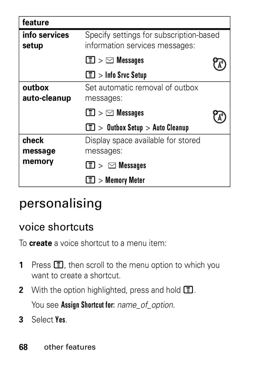 Motorola V235 GSM Series manual Personalising, Voice shortcuts, Feature Info services, Select Yes 