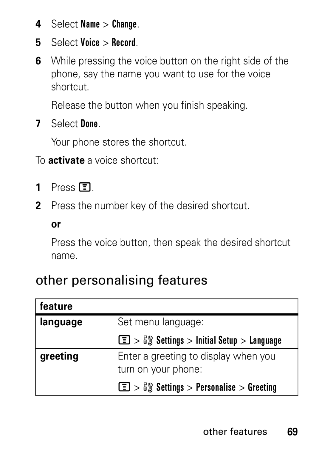 Motorola V235 GSM Series Other personalising features, Select Name Change Select Voice Record, Feature Language, Greeting 