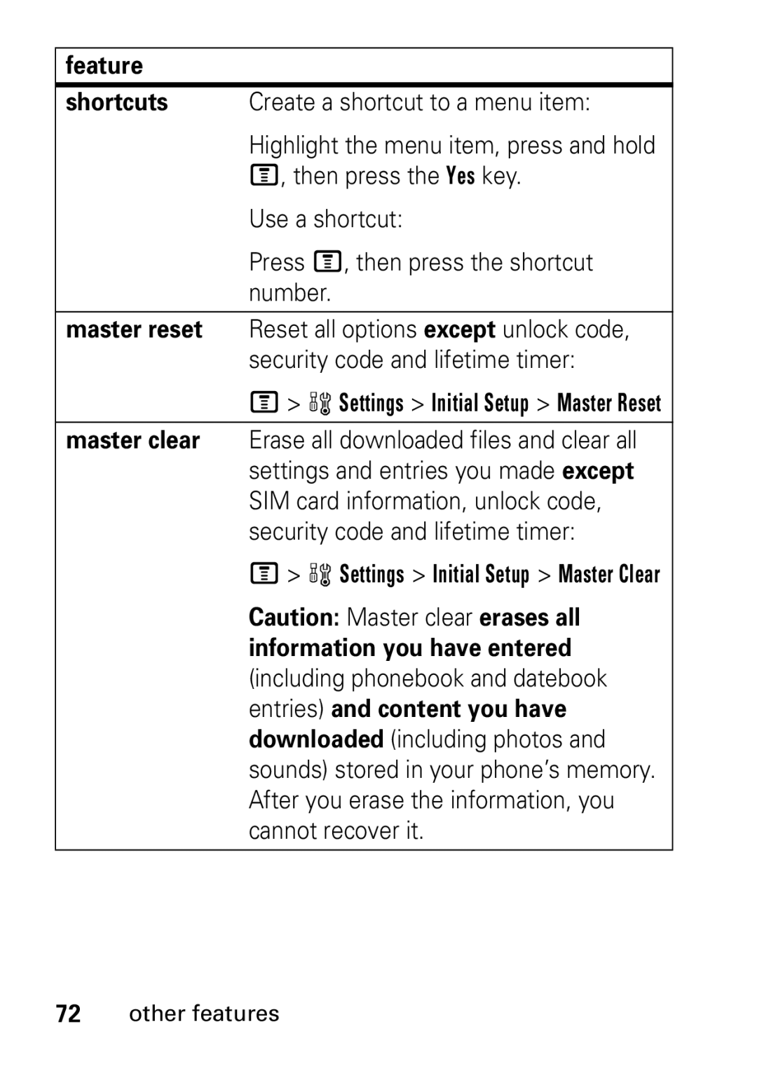 Motorola V235 GSM Series manual Settings Initial Setup Master Clear 