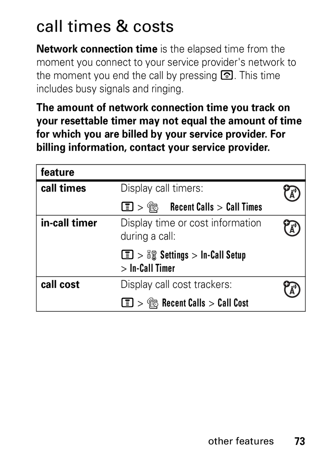 Motorola V235 GSM Series manual Call times & costs 