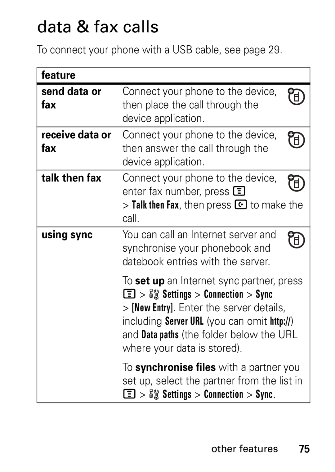 Motorola V235 GSM Series manual Data & fax calls, To connect your phone with a USB cable, see, Settings Connection Sync 