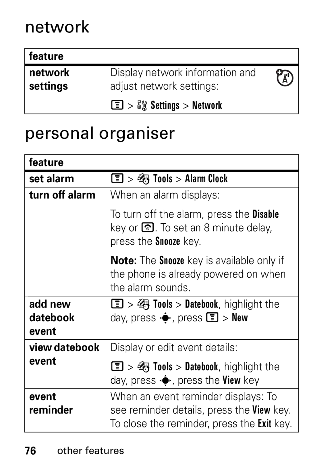 Motorola V235 GSM Series manual Network, Personal organiser 